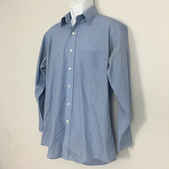 Stafford Mens 15 1/2 32 Blue Check Broadcloth Cotton Blend Long Sleeve Shirt - Picture 2 of 8